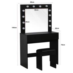 Havendro Dressing Table with LED Mirror Makeup Desk Vanity in Black - Size: 140 cm x 80 cm - thumbnail 2