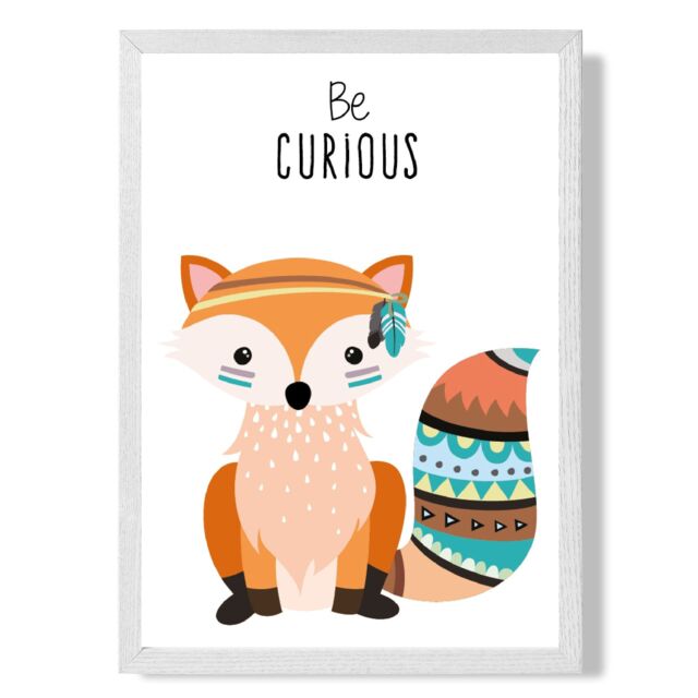 ARTZE Be Curious Fox Tribal Animal Quote Framed Print SIZE: A4 with White Frame in Orange - image 1