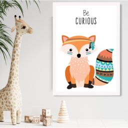 ARTZE Be Curious Fox Tribal Animal Quote Framed Print SIZE: A4 with White Frame in Orange - thumbnail 2