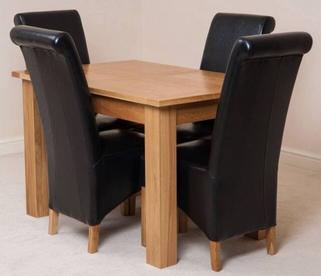Thats Furniture Hampton 120-160cm Oak Extending Dining Table & 4 Montana Leather Chairs in Black - image 1