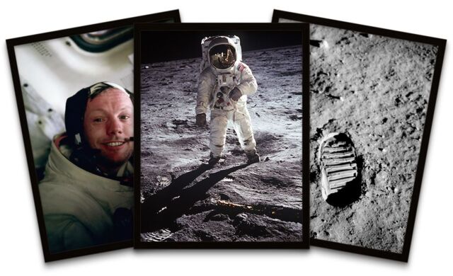 "Artery8 Wall Art Print NASA Apollo 11 Space Armstrong Aldrin Moon Landing Anniversary Black Framed Pack of 3 - Size: W12"" x H16""" - image 1