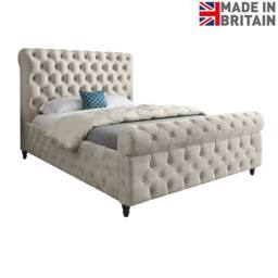 Casani Stenton Sleigh Upholstered Beige Soft Velvet Designer Bed Frame in Cream - Size: Small Double - thumbnail 4