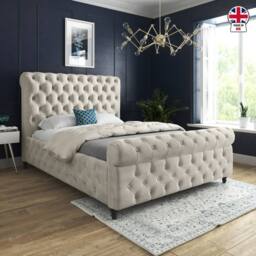 Casani Stenton Sleigh Upholstered Beige Soft Velvet Designer Bed Frame in Cream - Size: Small Double - thumbnail 5
