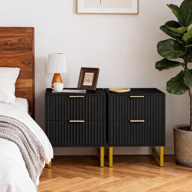 FURNITURE ONE 2 Drawers Bedside Table, Set of 2 Bedroom Storage Organiser Unit in Black - Size: 1 Pack - image 1