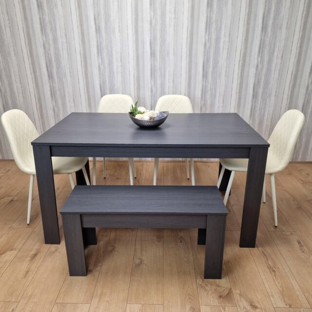 KOSY KOALA Grey Dining Table with 1 Bench & 4 Diamond-Pattern Cream Chairs in Dark Grey - image 1