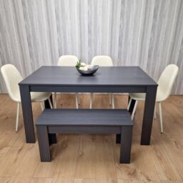 KOSY KOALA Grey Dining Table with 1 Bench & 4 Diamond-Pattern Cream Chairs in Dark Grey