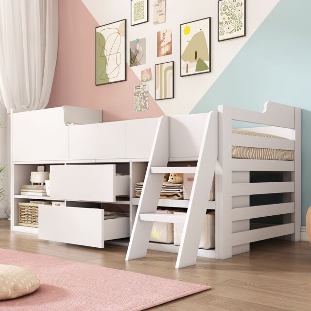 Matteo Cabin Bed Mid Sleeper Bed Frame Storage Kids Wooden bed in White - Size: Single - image 1