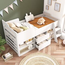 Matteo Cabin Bed Mid Sleeper Bed Frame Storage Kids Wooden bed in White - Size: Single - thumbnail 7