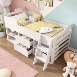 Matteo Cabin Bed Mid Sleeper Bed Frame Storage Kids Wooden bed in White - Size: Single - thumbnail 3