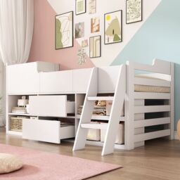 Matteo Cabin Bed Mid Sleeper Bed Frame Storage Kids Wooden bed in White - Size: Single - thumbnail 1