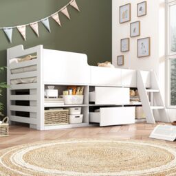 Matteo Cabin Bed Mid Sleeper Bed Frame Storage Kids Wooden bed in White - Size: Single - thumbnail 9