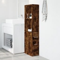 Berkfield Home Narrow Bathroom Cupboard with Wheels Smoked Oak Engineered Wood in Brown - thumbnail 3