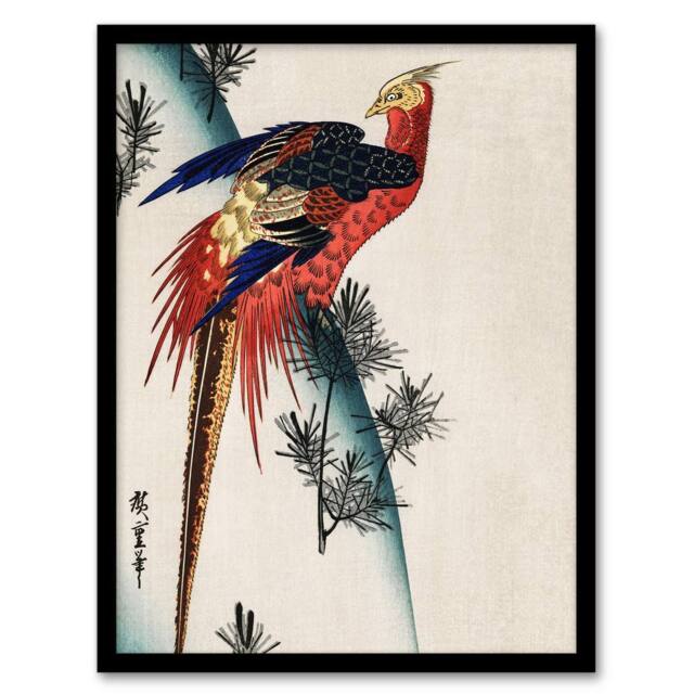 Artery8 Pheasant & Small Pine Vintage Japan Framed Wall Art Print Hiroshige in Red - Size: A4 - image 1