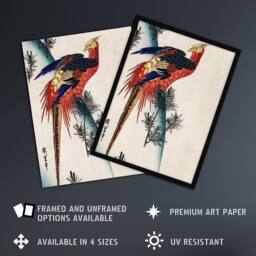 Artery8 Pheasant & Small Pine Vintage Japan Framed Wall Art Print Hiroshige in Red - Size: A4 - thumbnail 2