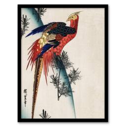 Artery8 Pheasant & Small Pine Vintage Japan Framed Wall Art Print Hiroshige in Red - Size: A4 - thumbnail 1