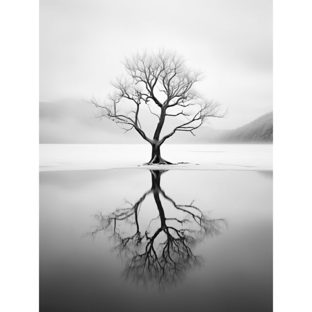 "Artery8 Wall Art Print Lone Tree by Frozen Lake Winter Landscape Black & White Photograph Poster in Grey - Size: W24"" x H32""" - image 1