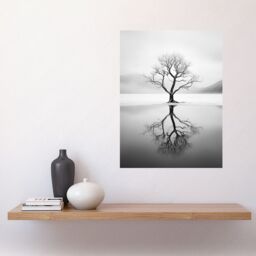 "Artery8 Wall Art Print Lone Tree by Frozen Lake Winter Landscape Black & White Photograph Poster in Grey - Size: W24"" x H32""" - thumbnail 2