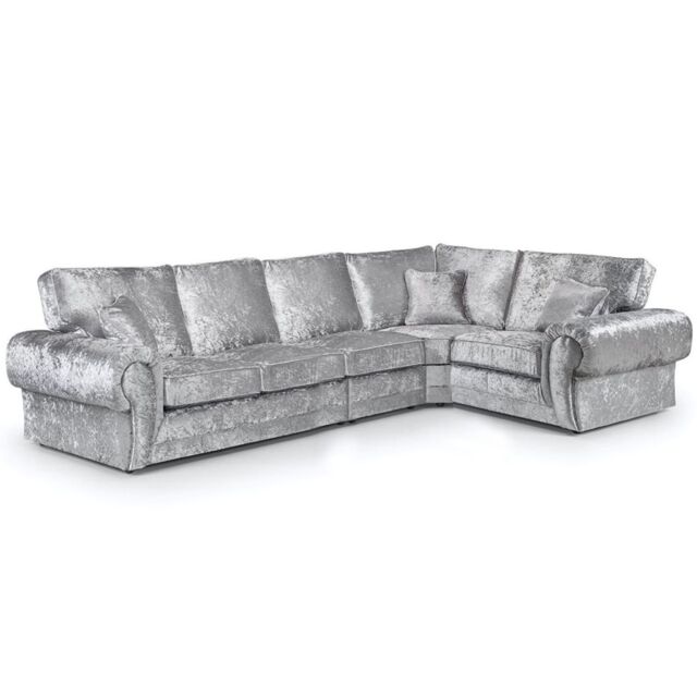 Furnishings For Less UK Chelsea Crushed Velvet Long 5 Seater Large Corner Sofa 3 Corner 1 Rolled Arms in Silver - image 1