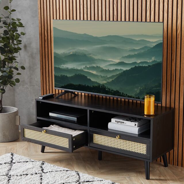 VonHaus Rattan Fronted Black TV Unit - image 1