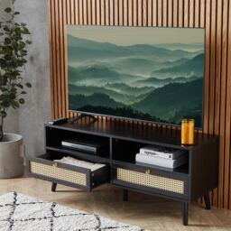 VonHaus Rattan Fronted Black TV Unit