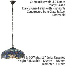 Loops Tiffany Glass Hanging Ceiling Pendant Light Blue Dragonfly 3 Lamp Shade i00109 in Clear - thumbnail 2
