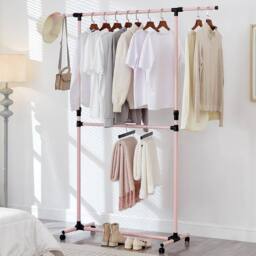 House of Home Double Clothes Rail, Extended Top Rail Adjustable Height, Pink - thumbnail 1