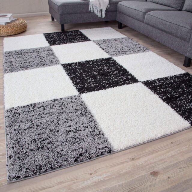 THE RUGS Soft Grey Ivory Check High Pile Shaggy Rugs & Runners Living Room - Size: 140 cm x 200 cm - image 1