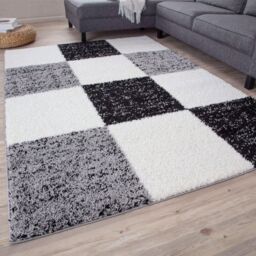 THE RUGS Soft Grey Ivory Check High Pile Shaggy Rugs & Runners Living Room - Size: 140 cm x 200 cm - thumbnail 1