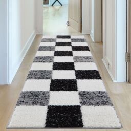 THE RUGS Soft Grey Ivory Check High Pile Shaggy Rugs & Runners Living Room - Size: 140 cm x 200 cm - thumbnail 7