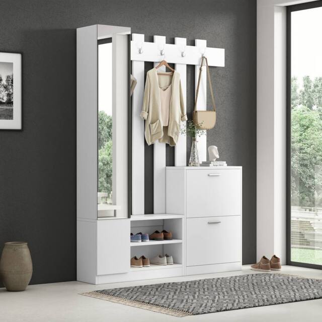 BTM 5-in-1 Coat Rack with Shoe Bench, Mirror & Hooks, White - image 1