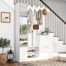 BTM 5-in-1 Coat Rack with Shoe Bench, Mirror & Hooks, White - thumbnail 5