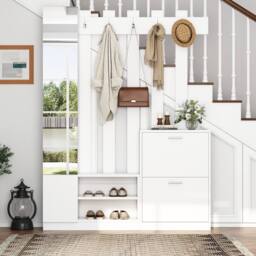 BTM 5-in-1 Coat Rack with Shoe Bench, Mirror & Hooks, White - thumbnail 6