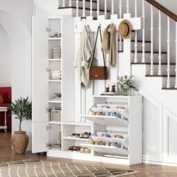 BTM 5-in-1 Coat Rack with Shoe Bench, Mirror & Hooks, White - thumbnail 7