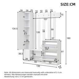 BTM 5-in-1 Coat Rack with Shoe Bench, Mirror & Hooks, White - thumbnail 4