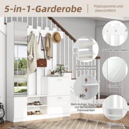 BTM 5-in-1 Coat Rack with Shoe Bench, Mirror & Hooks, White - thumbnail 8