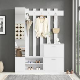 BTM 5-in-1 Coat Rack with Shoe Bench, Mirror & Hooks, White - thumbnail 3