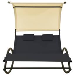Berkfield Home Suitable Double Sun Lounger with Canopy Textilene Black & Cream - thumbnail 3