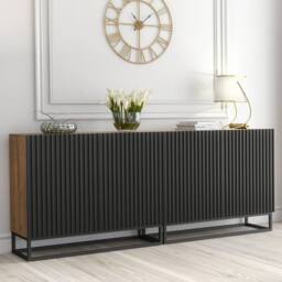 Mex Furniture LTD Sideboard Ripple Duo 200cm - Oak & Black Fluted Doors in Dark Brown