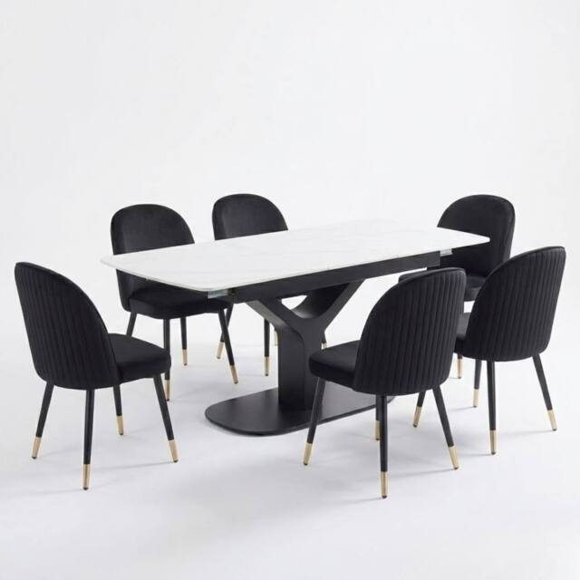 HOME LUXE INTERIOR Sapphire 140-180cm Extending White Quartz Table & 6 Black Liza Chairs - Size: 10ft - image 1