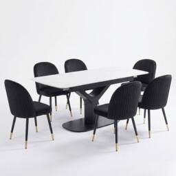 HOME LUXE INTERIOR Sapphire 140-180cm Extending White Quartz Table & 6 Black Liza Chairs - Size: 10ft - thumbnail 1