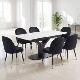 HOME LUXE INTERIOR Sapphire 140-180cm Extending White Quartz Table & 6 Black Liza Chairs - Size: 10ft - thumbnail 2