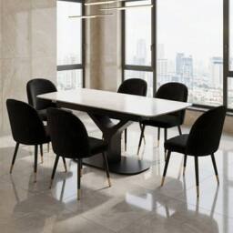 HOME LUXE INTERIOR Sapphire 140-180cm Extending White Quartz Table & 6 Black Liza Chairs - Size: 10ft - thumbnail 3