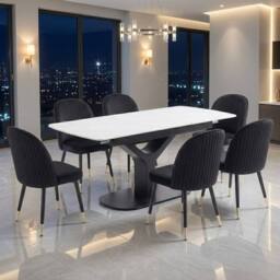 HOME LUXE INTERIOR Sapphire 140-180cm Extending White Quartz Table & 6 Black Liza Chairs - Size: 10ft - thumbnail 4