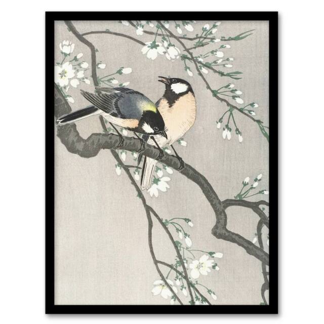 Artery8 Tits On Blooming Cherry tree Vintage Japan Framed Wall Art Print Koson in Grey - Size: A4 - image 1