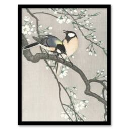 Artery8 Tits On Blooming Cherry tree Vintage Japan Framed Wall Art Print Koson in Grey - Size: A4 - thumbnail 1