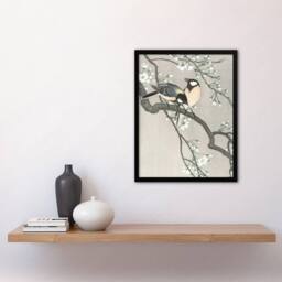 Artery8 Tits On Blooming Cherry tree Vintage Japan Framed Wall Art Print Koson in Grey - Size: A4 - thumbnail 4