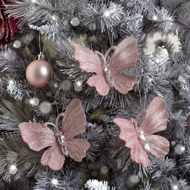 Melody Maison Set Of 3 Pink Glitter Jewelled Butterfly Christmas Decorations - 10cm - image 1
