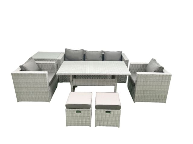 Fimous Garden Dining Set Outdoor Rattan Furniture Set with Sofa Dining Table 2 Chairs 2 Small Footstools Side Table Light Grey Mixed - image 1