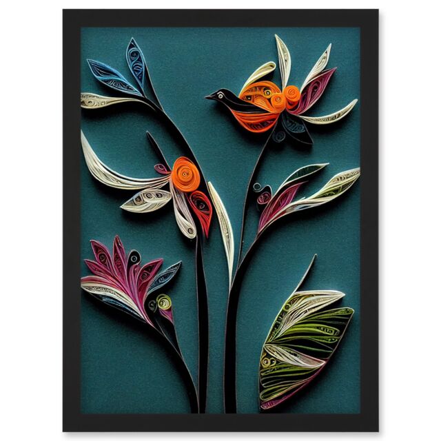 Artery8 Modern Paper Quilling Bird on Exotic Flower Plant Leaves Blue Orange Teal Artwork Framed Wall Art Print A4 in Black - image 1