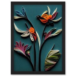 Artery8 Modern Paper Quilling Bird on Exotic Flower Plant Leaves Blue Orange Teal Artwork Framed Wall Art Print A4 in Black - thumbnail 1
